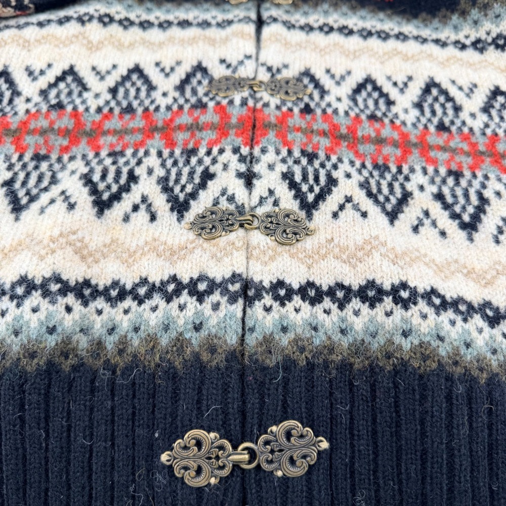 Susan Bristol Fair Isle Wool Cardigan Shawl Collar Metal Clasp L Beige Black - Picture 5 of 7
